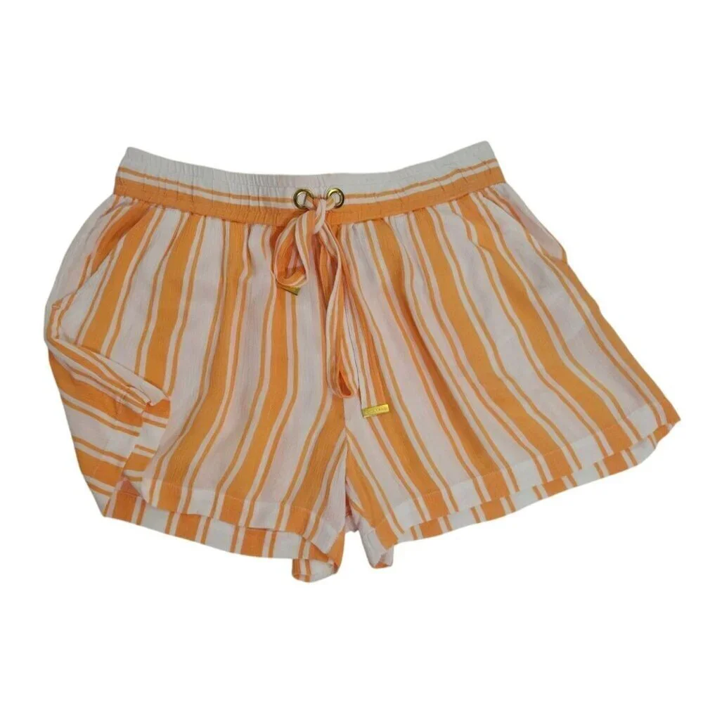 Michael Kors Womens Orange, White Striped Drawstring Shorts Size L Viscose Blend
